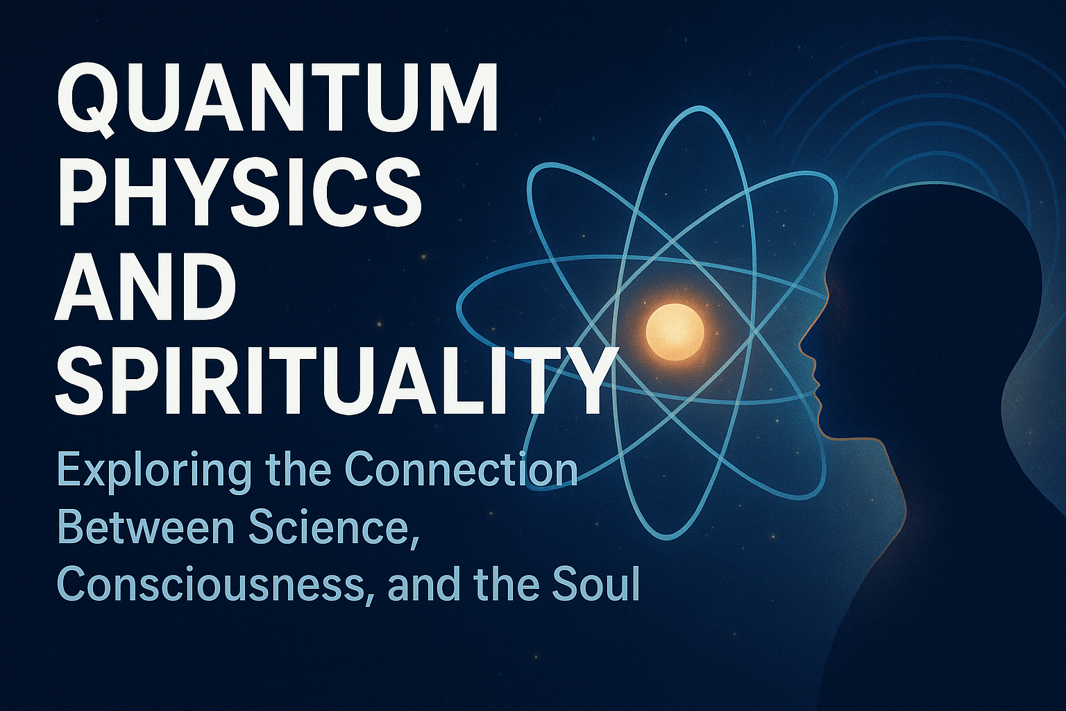 Quantum physics and spirituality connection illustration showing energy waves, human consciousness, and cosmic universe background
