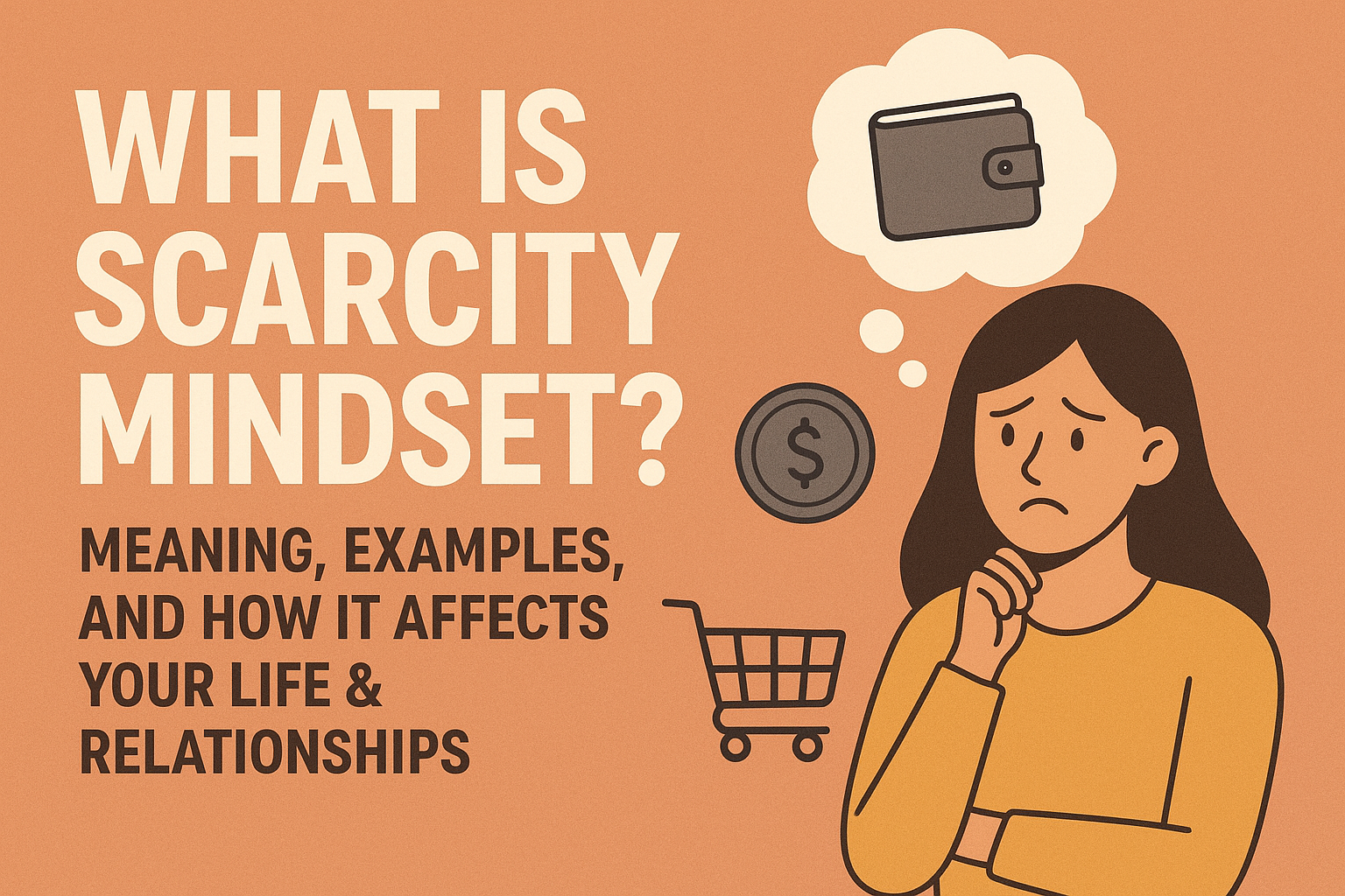 Illustration of scarcity mindset showing a worried woman thinking about money, wallet, and shopping, used for blog post on meaning, examples, and effects on life and relationships.