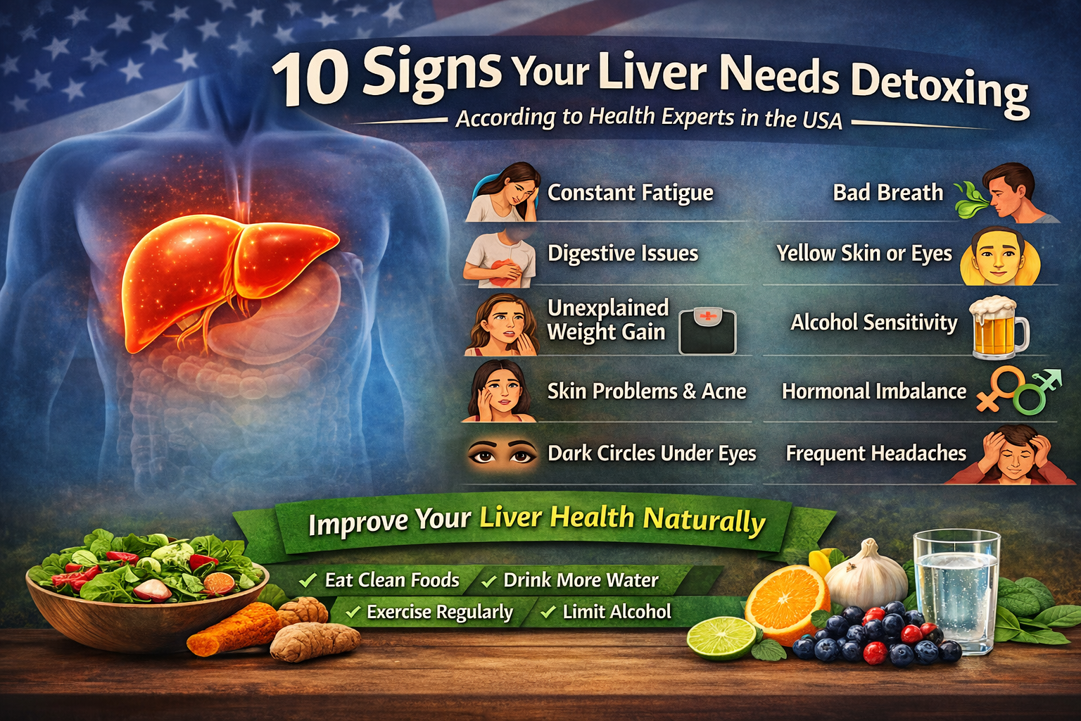 Infographic showing 10 signs your liver needs detoxing