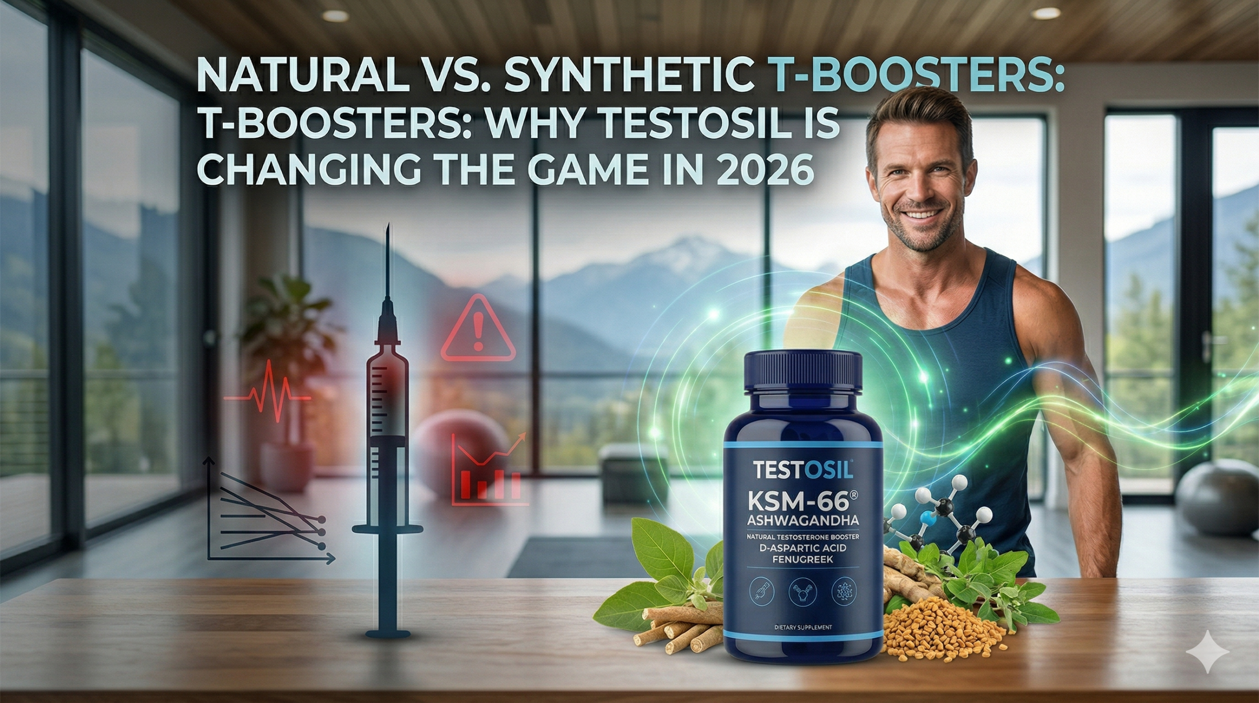 Testosil natural testosterone booster bottle with KSM-66 Ashwagandha and fenugreek, presented as a safe and effective alternative to synthetic testosterone injections