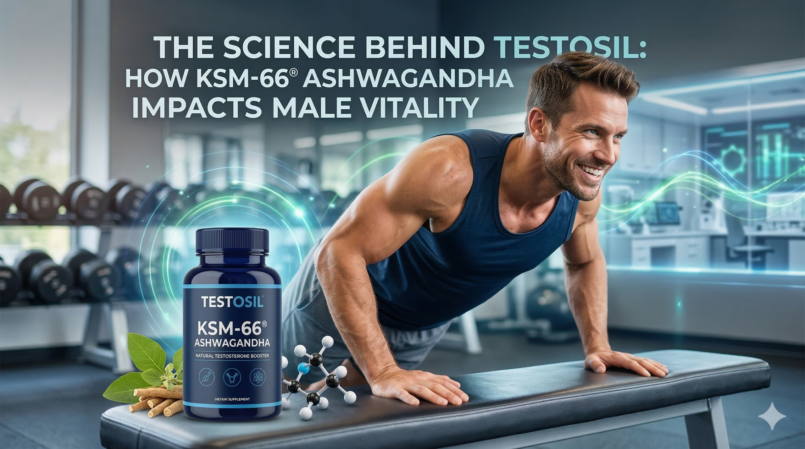 A fit man doing pushups in a gym alongside a bottle of Testosil natural testosterone booster, illustrating the science of KSM-66 Ashwagandha and male vitality