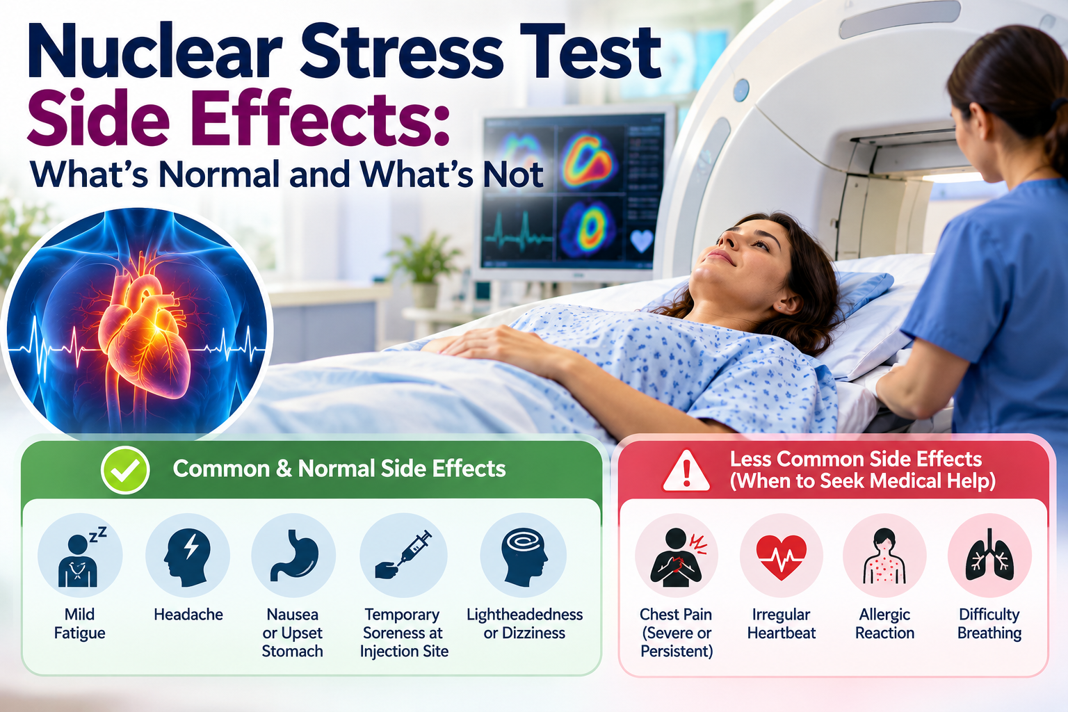 Nuclear stress test side effects showing normal symptoms and warning signs that may need medical attention