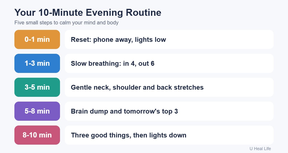 Timeline of a 10-minute evening routine: reset, slow breathing, gentle stretching, brain dump, and three good things