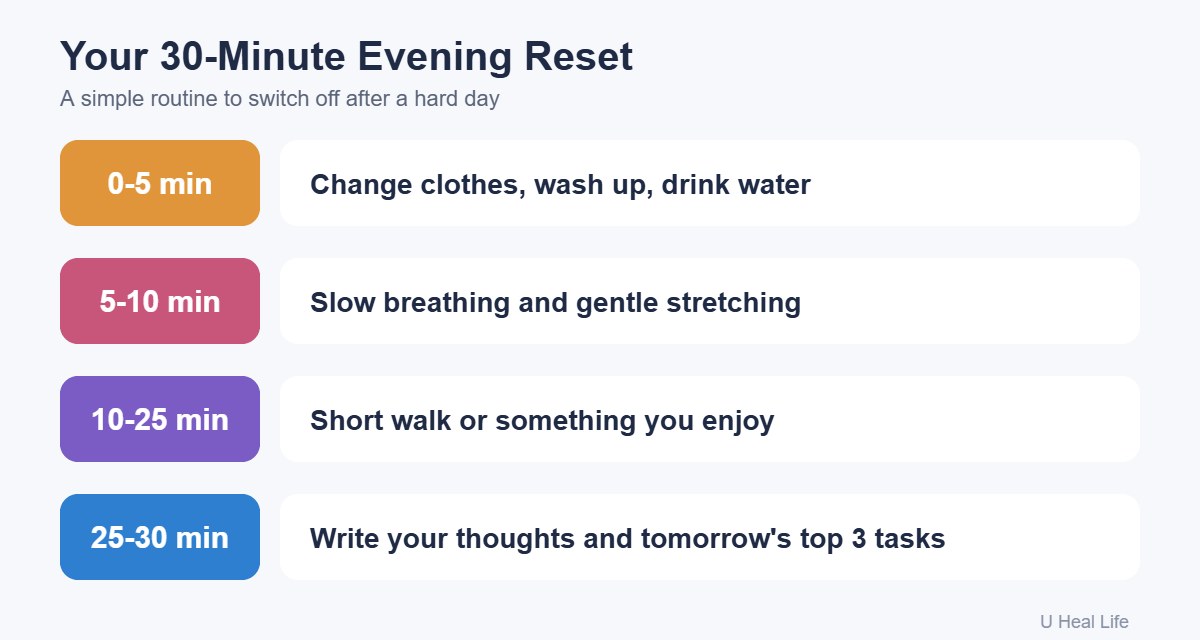 Timeline infographic of a 30-minute evening reset routine to calm down after a stressful day