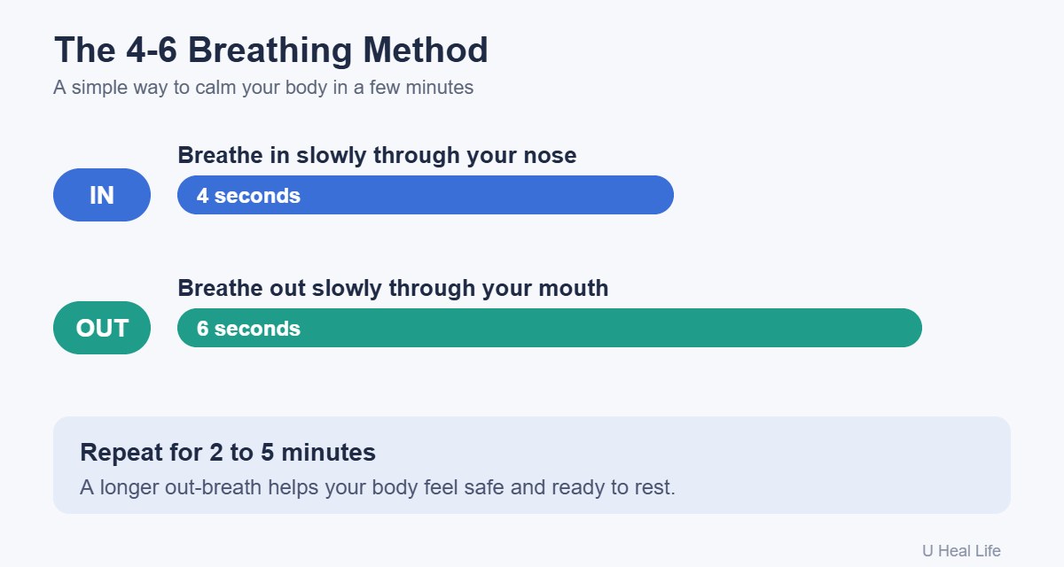 Diagram of the 4-6 breathing method: breathe in for 4 seconds through the nose and out for 6 seconds through the mouth