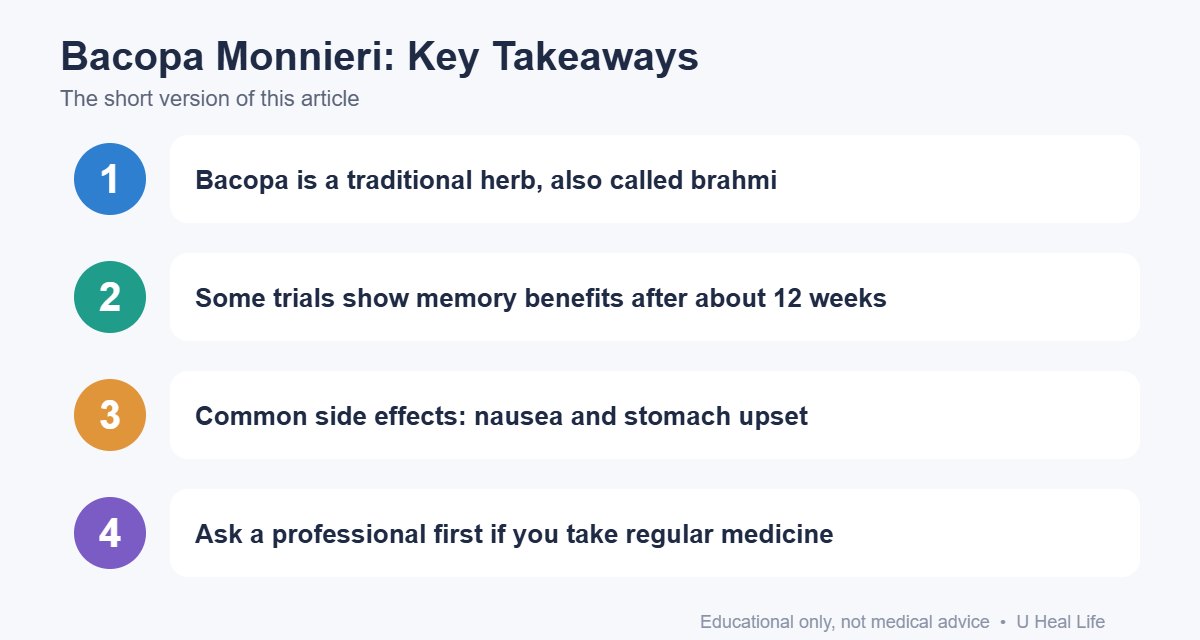 Key takeaways infographic: Bacopa is a traditional herb, also called brahmi; Some trials show memory benefits after about 12 weeks; Common side effects: nausea and stomach upset; Ask a professional first if you take regular medicine