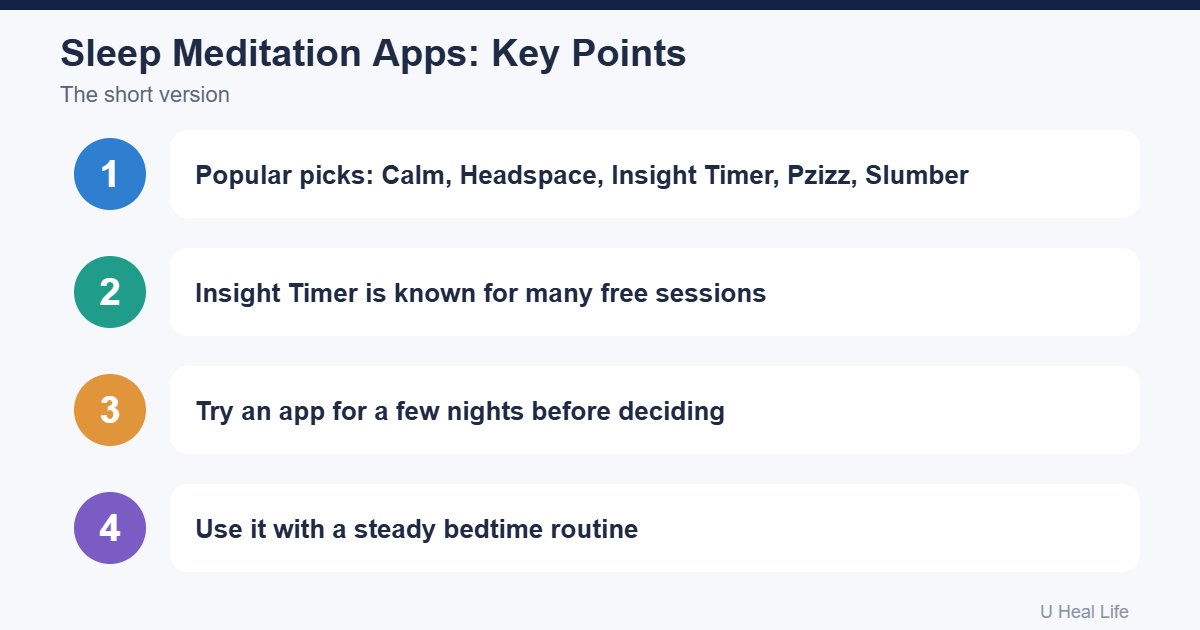Best sleep meditation apps key points: Calm, Headspace, Insight Timer, Pzizz, Slumber, try a few nights, build a routine