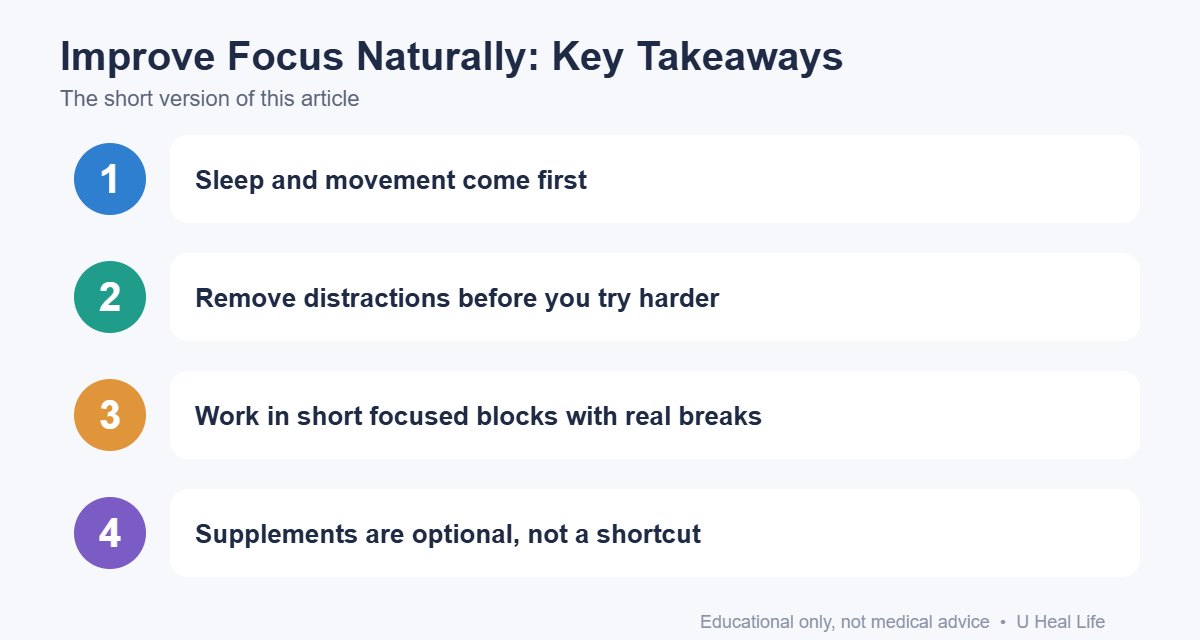 Key takeaways infographic: Sleep and movement come first; Remove distractions before you try harder; Work in short focused blocks with real breaks; Supplements are optional, not a shortcut