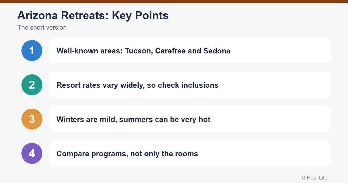 Wellness retreats in Arizona key points: Tucson, Carefree and Sedona, rates vary, summer is hot, check what is included