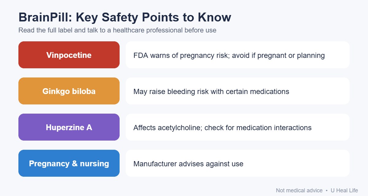Infographic of key BrainPill safety points: vinpocetine pregnancy warning, ginkgo bleeding risk, huperzine A interactions, and no use during pregnancy or breastfeeding