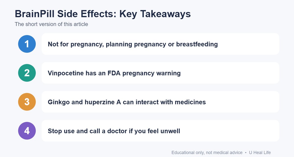 Key takeaways infographic: Not for pregnancy, planning pregnancy or breastfeeding; Vinpocetine has an FDA pregnancy warning; Ginkgo and huperzine A can interact with medicines; Stop use and call a doctor if you feel unwell