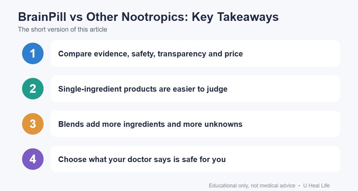 Key takeaways infographic: Compare evidence, safety, transparency and price; Single-ingredient products are easier to judge; Blends add more ingredients and more unknowns; Choose what your doctor says is safe for you