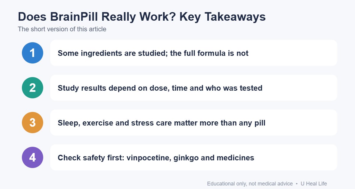Key takeaways infographic: Some ingredients are studied; the full formula is not; Study results depend on dose, time and who was tested; Sleep, exercise and stress care matter more than any pill; Check safety first: vinpocetine, ginkgo and medicines