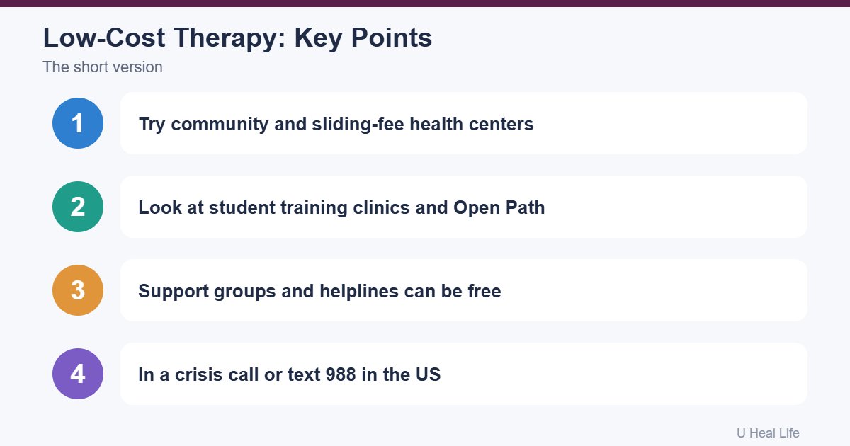 Free and low-cost therapy options key points: community clinics, sliding scale, student clinics, Open Path, support groups, call or text 988 in a crisis