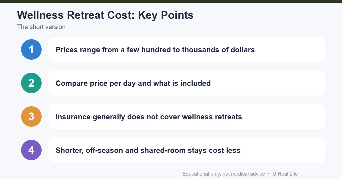 Wellness retreat cost key points: prices vary widely, check what is included, insurance usually does not pay, ways to save