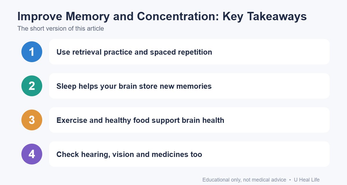 Key takeaways infographic: Use retrieval practice and spaced repetition; Sleep helps your brain store new memories; Exercise and healthy food support brain health; Check hearing, vision and medicines too