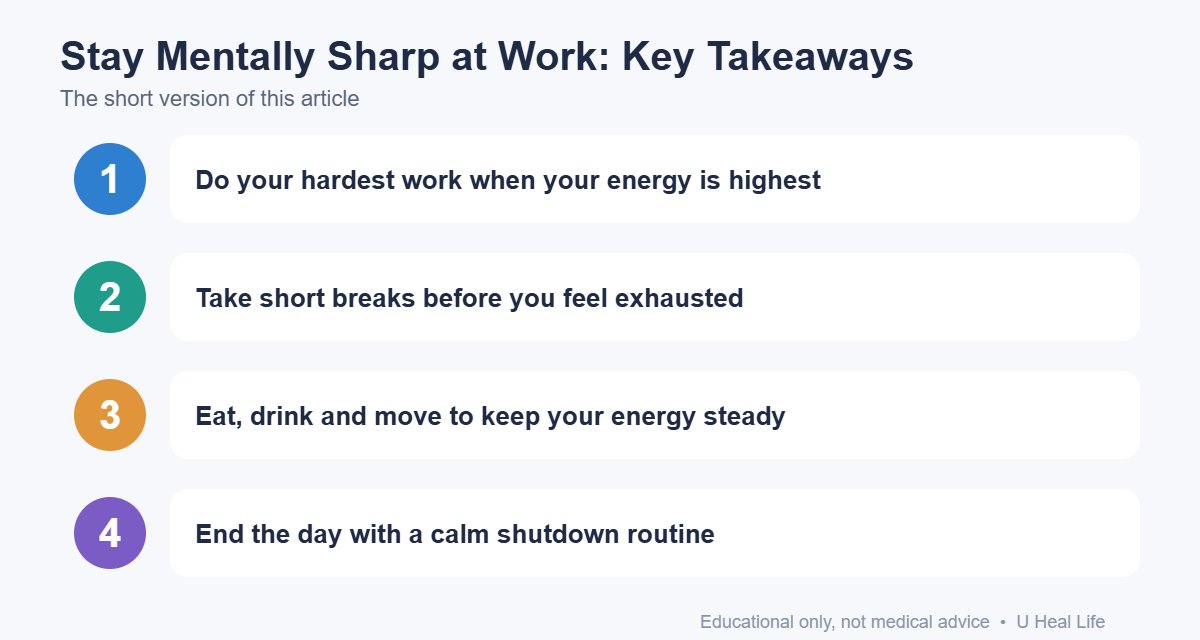 Key takeaways infographic: Do your hardest work when your energy is highest; Take short breaks before you feel exhausted; Eat, drink and move to keep your energy steady; End the day with a calm shutdown routine