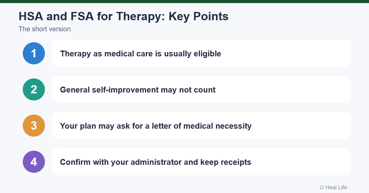 HSA and FSA for therapy key points: therapy for a medical purpose is usually eligible, general self-improvement may not be, confirm with your administrator