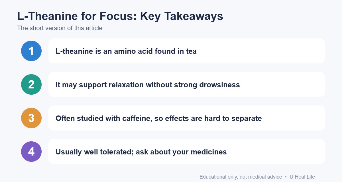 Key takeaways infographic: L-theanine is an amino acid found in tea; It may support relaxation without strong drowsiness; Often studied with caffeine, so effects are hard to separate; Usually well tolerated; ask about your medicines