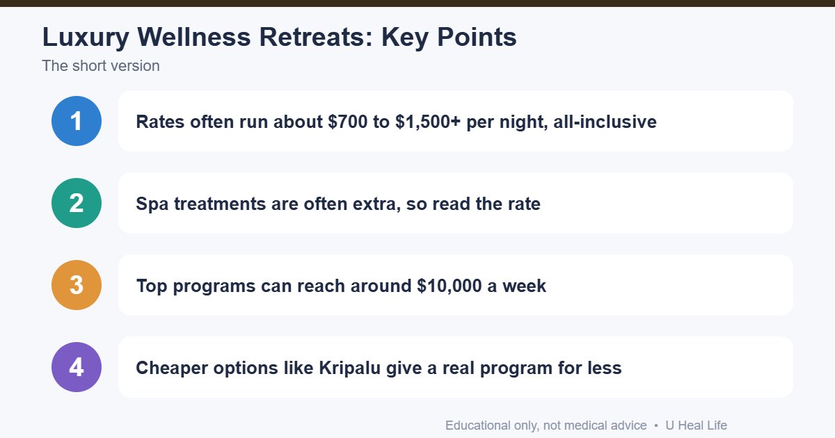 Luxury wellness retreat key points: all-inclusive rates reported from about 700 to over 1500 dollars per night, spa often extra, cheaper options exist