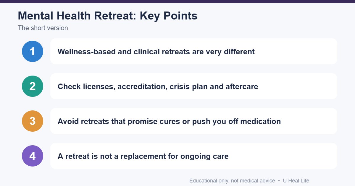 Mental health retreat key points: wellness versus clinical, check licenses and accreditation, watch for red flags, not a replacement for care