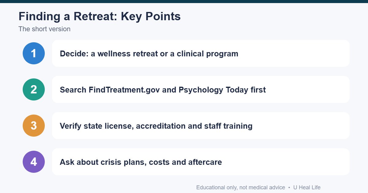 Mental health retreat near me key points: decide the type, search trusted directories, verify licenses and accreditation, ask about crisis plans