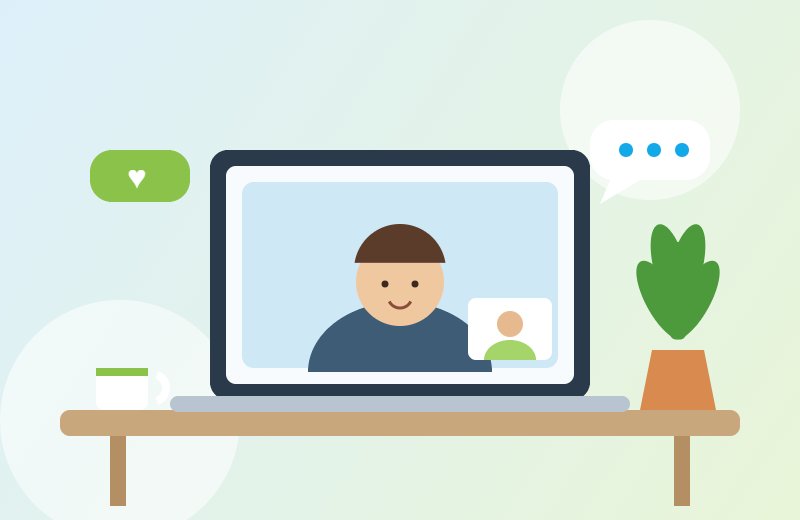 Illustration of a video call with a therapist on a laptop, with a plant and a cup of tea on the desk