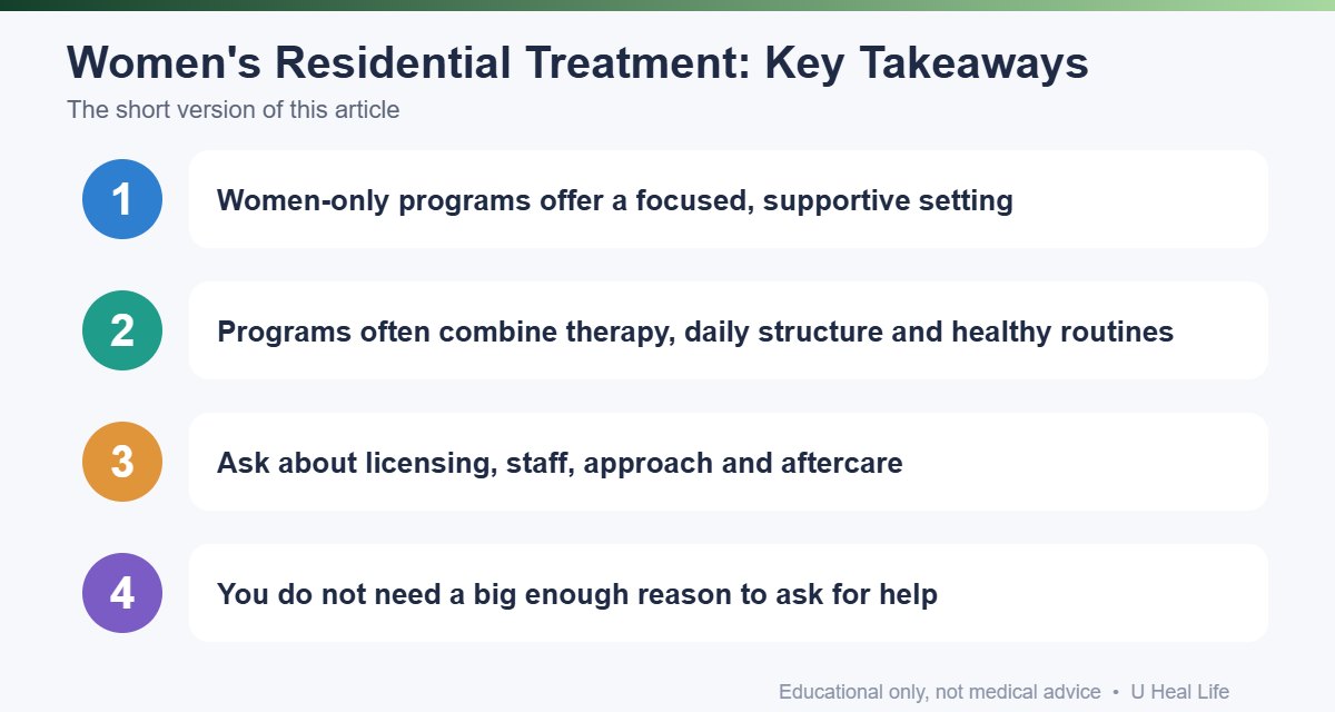 Key takeaways infographic: Women-only programs offer a focused, supportive setting; Programs often combine therapy, daily structure and healthy routines; Ask about licensing, staff, approach and aftercare; You do not need a big enough reason to ask for help