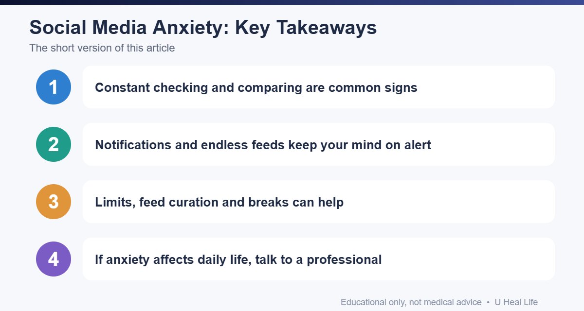 Key takeaways infographic: Constant checking and comparing are common signs; Notifications and endless feeds keep your mind on alert; Limits, feed curation and breaks can help; If anxiety affects daily life, talk to a professional