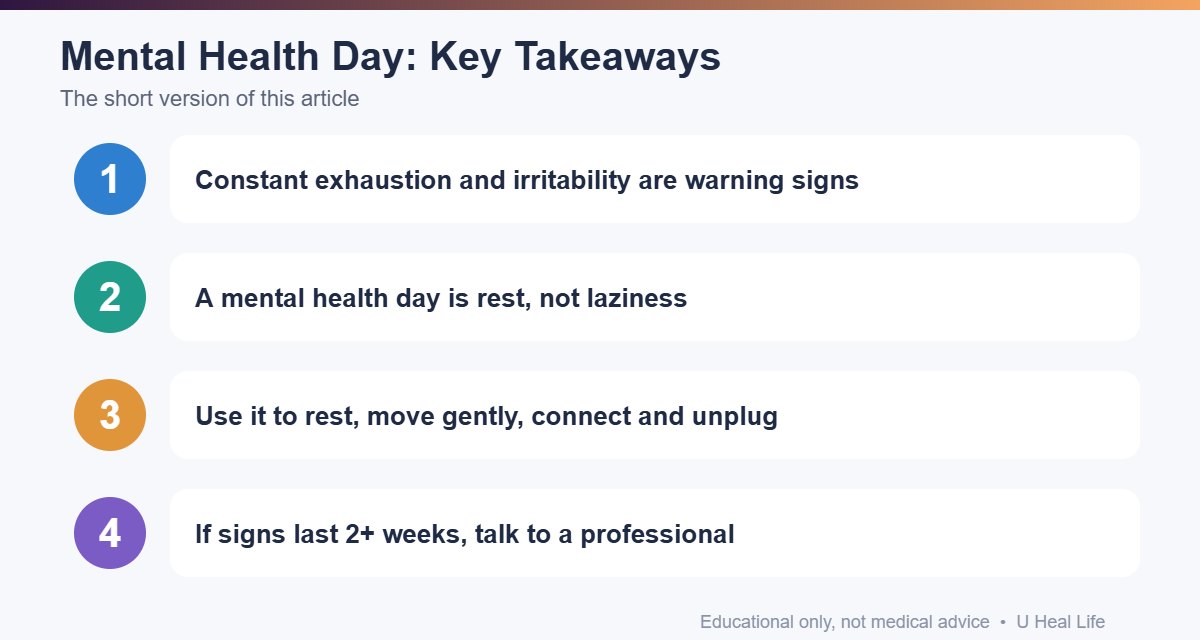 Key takeaways infographic: Constant exhaustion and irritability are warning signs; A mental health day is rest, not laziness; Use it to rest, move gently, connect and unplug; If signs last 2+ weeks, talk to a professional