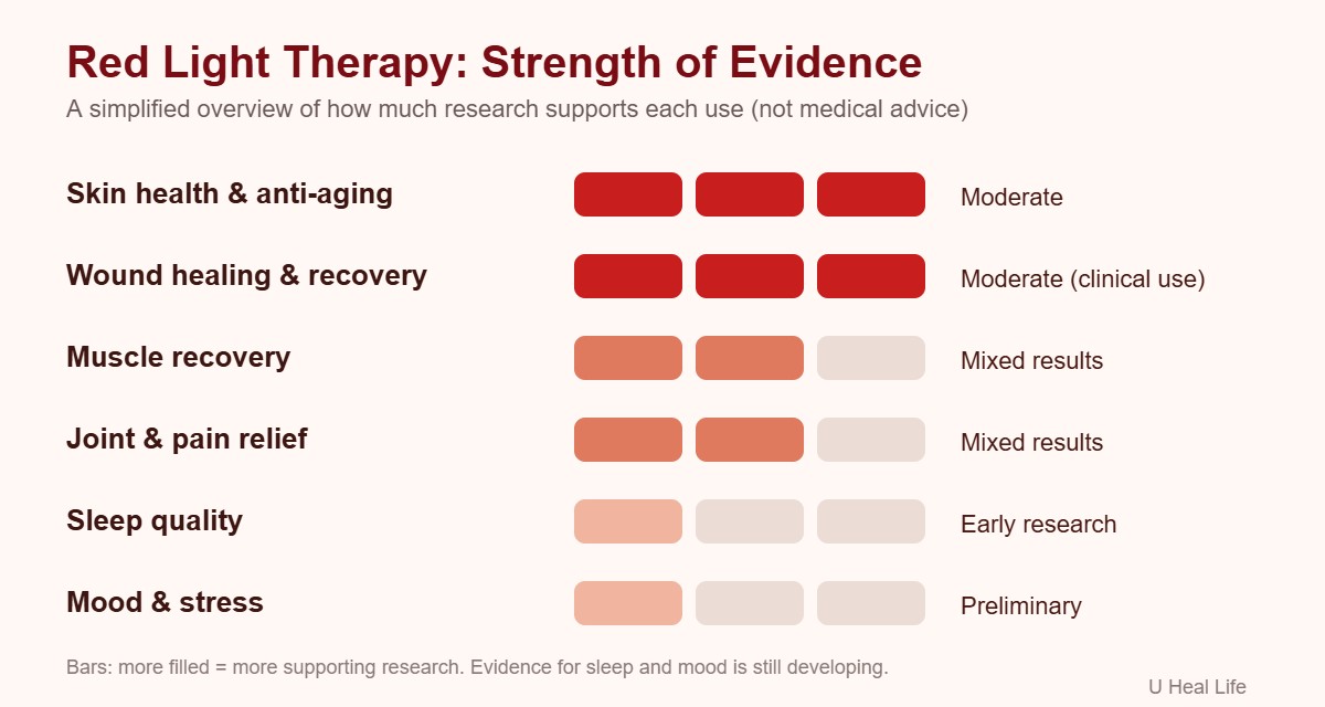 Chart showing strength of evidence for red light therapy uses: skin and wound healing moderate, muscle and pain mixed, sleep and mood early