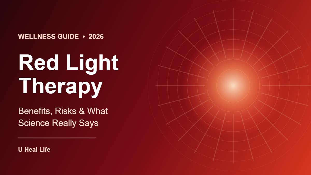 Glowing red light illustration with the text Red Light Therapy: Benefits, Risks and What Science Really Says