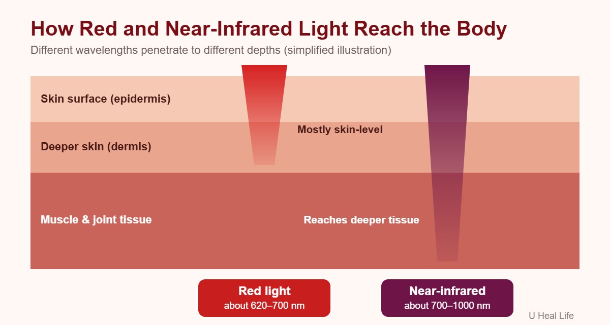 Diagram comparing red light, which reaches mostly the skin, with near-infrared light, which reaches deeper muscle and joint tissue