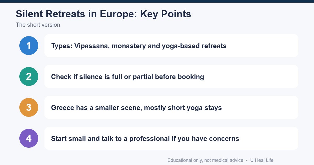 Silent retreat in Greece and Europe key points: full versus partial silence, Vipassana is donation-based, Greece scene is small, check rules