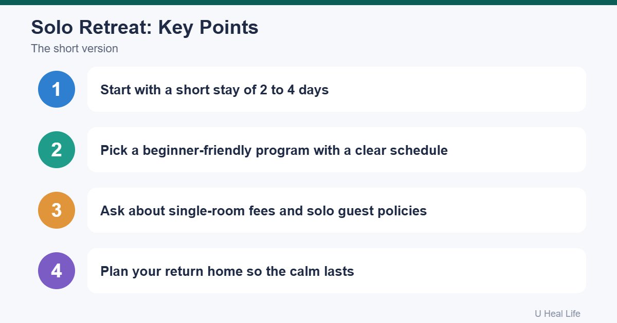 Solo wellness retreat for beginners key points: start short, pick a beginner program, ask about solo rooms, plan your return