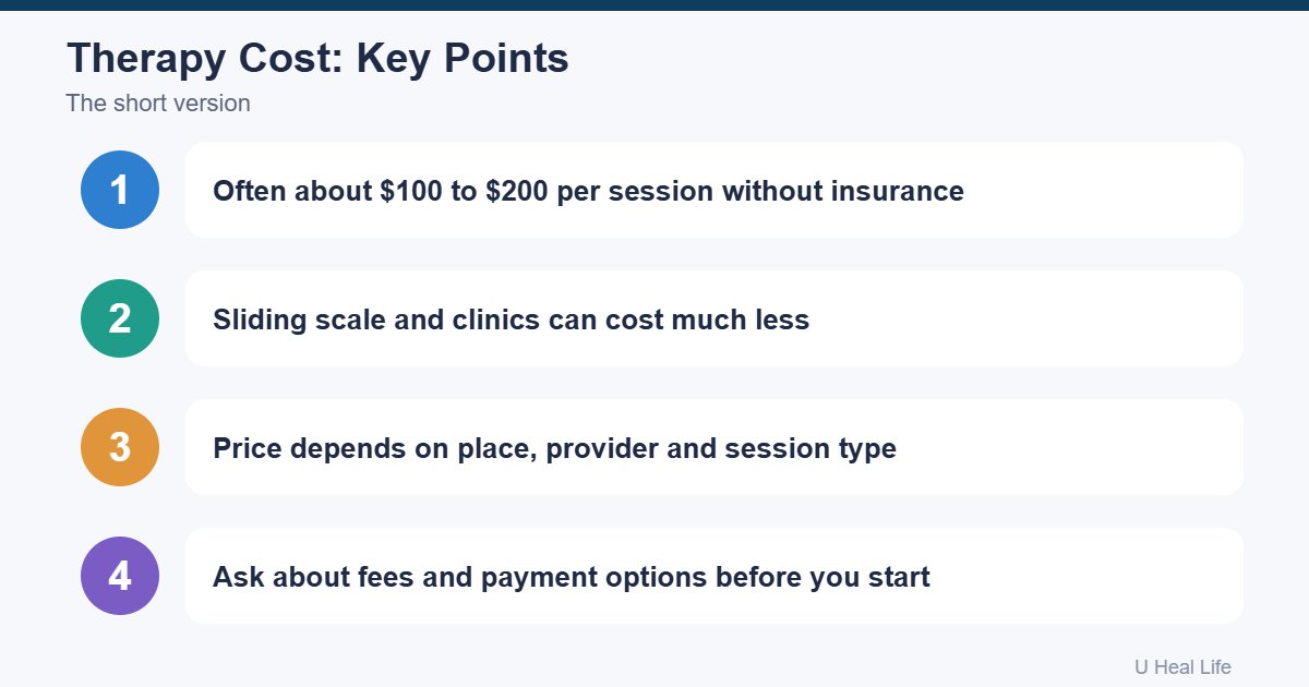 Therapy cost without insurance key points: often 100 to 200 dollars a session, sliding scale and clinics cost less, ask about fees first