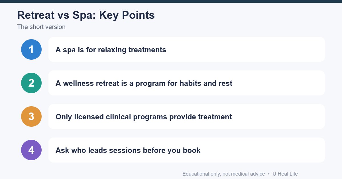 Wellness retreat vs mental health retreat key points: spa for relaxation, wellness retreat for habits, clinical programs for treatment