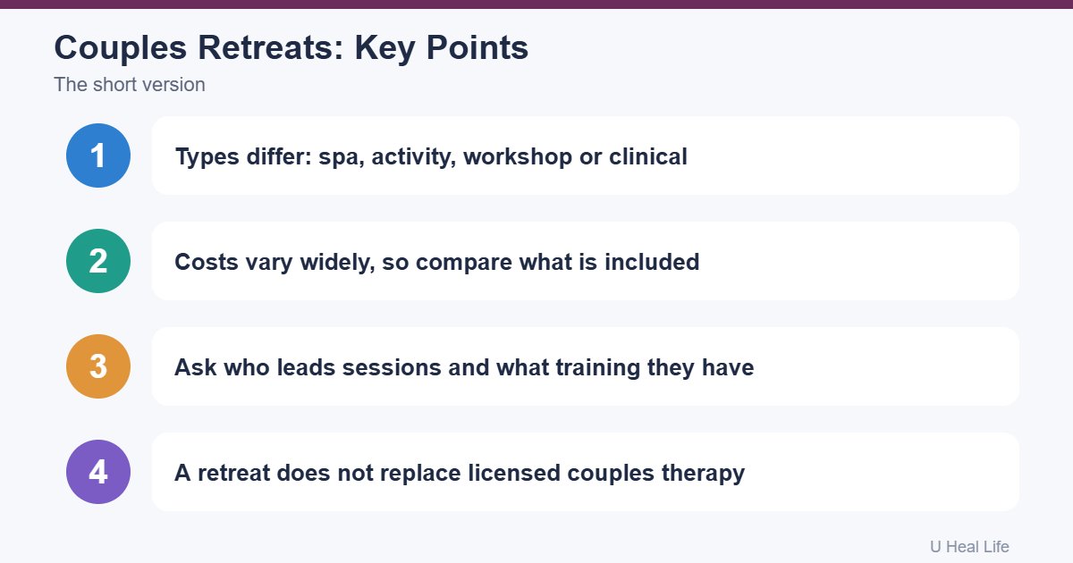 Wellness retreats for couples key points: types differ, costs vary widely, ask who leads, not a replacement for couples therapy