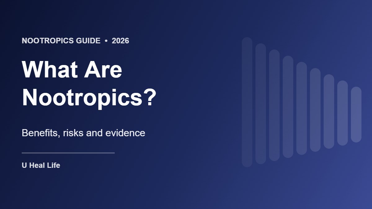 Graphic with the text What Are Nootropics?: Benefits, risks and evidence