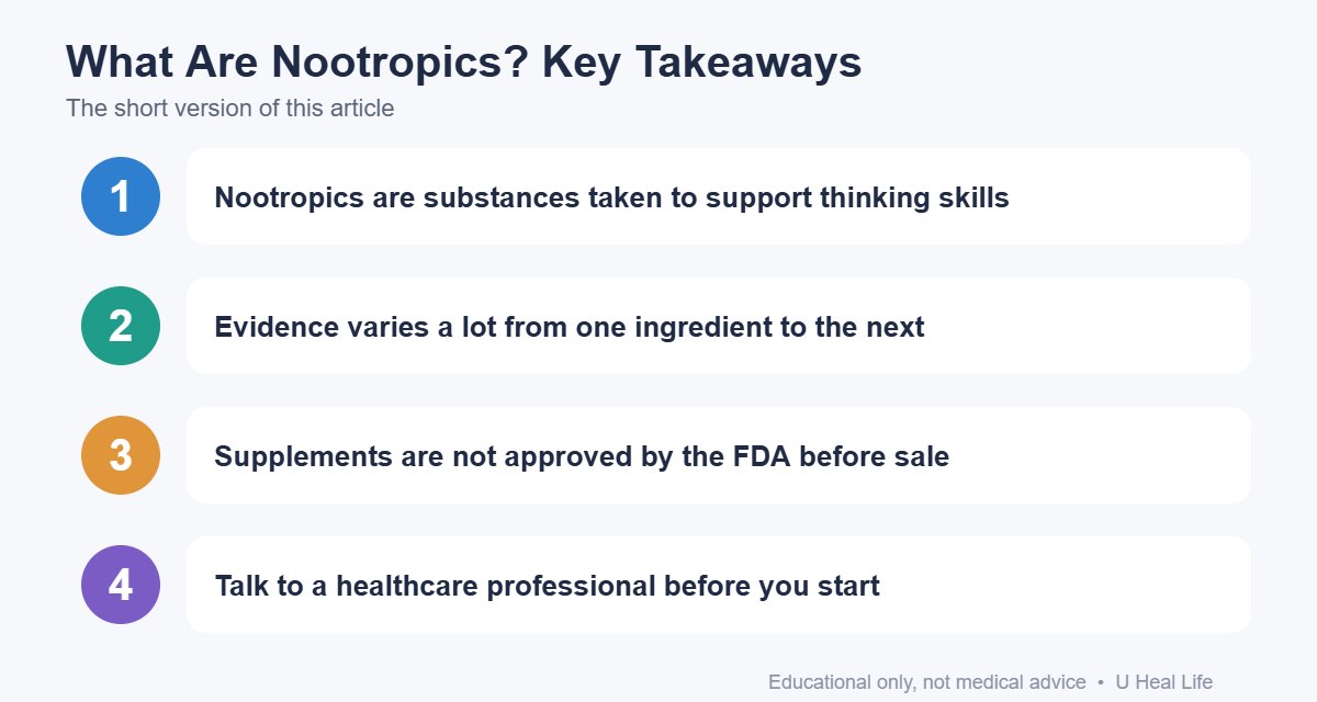 Key takeaways infographic: Nootropics are substances taken to support thinking skills; Evidence varies a lot from one ingredient to the next; Supplements are not approved by the FDA before sale; Talk to a healthcare professional before you start