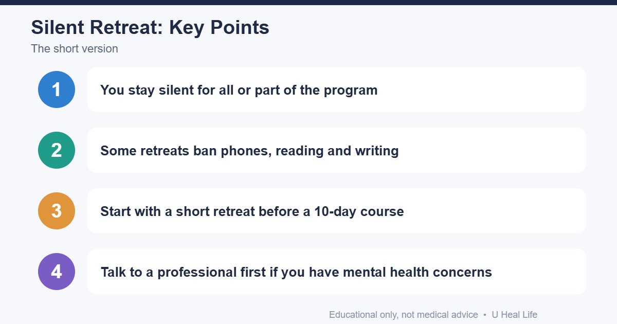 What is a silent retreat key points: full or partial silence, strict rules at some retreats, start small, check with a professional if you have a mental health condition