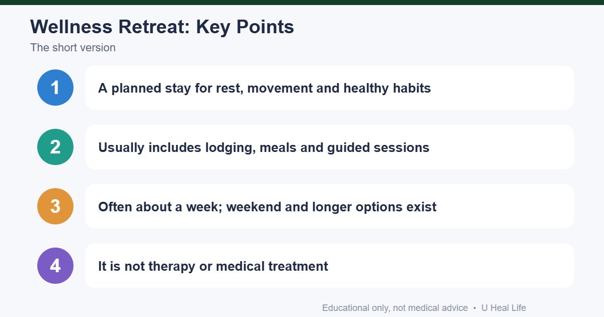 What is a wellness retreat key points: planned stay, usual inclusions, cost varies, not medical treatment