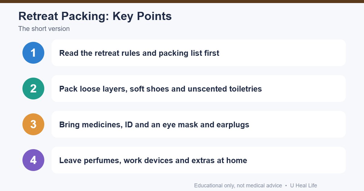 What to pack for a wellness retreat key points: read the rules, loose layers, unscented toiletries, leave extras at home
