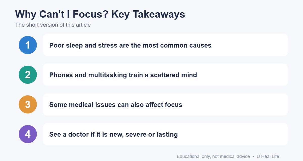 Key takeaways infographic: Poor sleep and stress are the most common causes; Phones and multitasking train a scattered mind; Some medical issues can also affect focus; See a doctor if it is new, severe or lasting